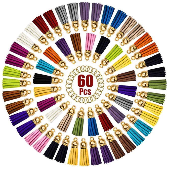 TASSELS FOR KEYCHAINS FAUX SUEDE TASSEL FOR DIY JEWELRY MAKING 60 PCS LEATHER KEYCHAIN CHARMS BULK 60 PCS JUMP RINGS KEY CHAIN RINGS BULK FOR CELLPHONE STRAPS PENDANTS CRAFTS