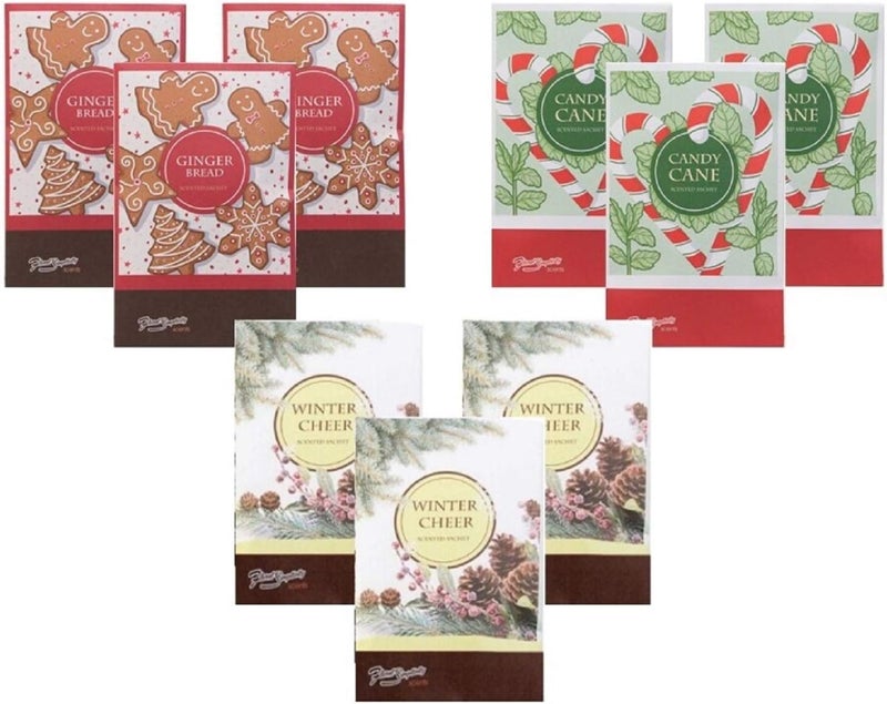 FloralSimplicity Simplicity Sachets Scents of The Season 3 Gingerbread, 3 Candy Cane, 3 Winter Cheer - 9 Pack - Long Lasting, ECO-Friendly Home Fragrance Perfect for Any Space - Image 1