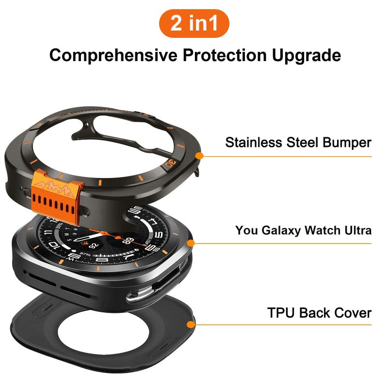 Suphart Metal Cover Compatible with Samsung Galaxy Watch Ultra Case 2025/2024, 2 in 1 Protective Rugged Bumper with Back Frame for Galaxy Watch 47mm (Graphite/Orange) - Image 2