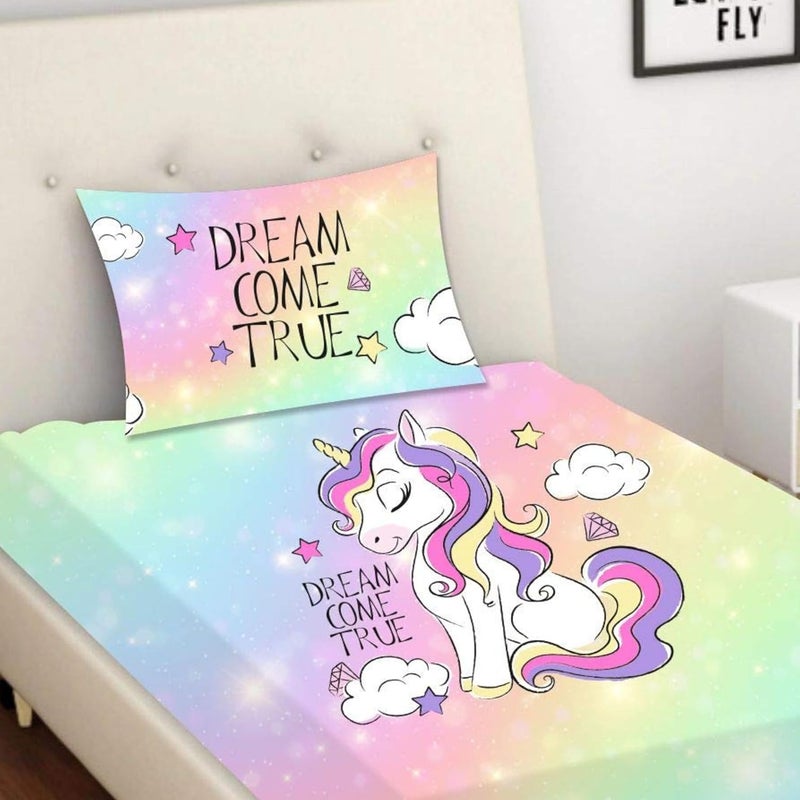 Hopcara Hopcara Velvet Designer Dream Come True Unicorn Printed Single Bedsheet with 1 Matching Pillow Cover 65x100 Inches MultiColoured  - Image 3