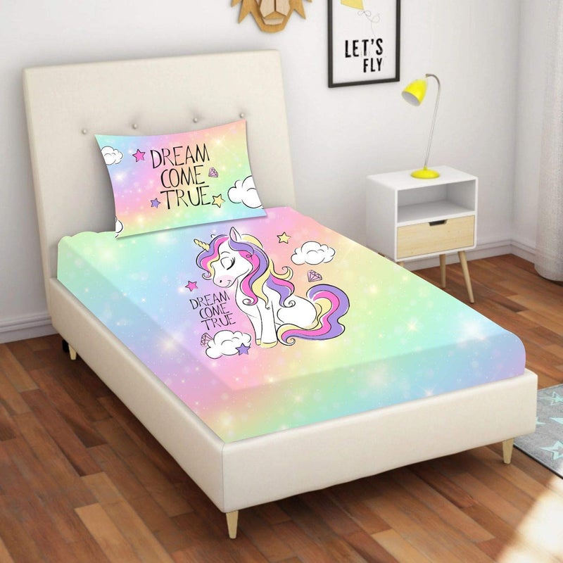 Hopcara Hopcara Velvet Designer Dream Come True Unicorn Printed Single Bedsheet with 1 Matching Pillow Cover 65x100 Inches MultiColoured  - Image 2