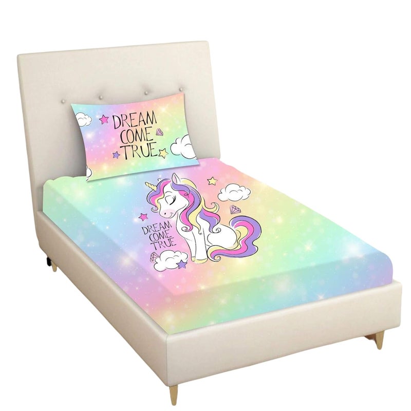 Hopcara Hopcara Velvet Designer Dream Come True Unicorn Printed Single Bedsheet with 1 Matching Pillow Cover 65x100 Inches MultiColoured  - Image 1