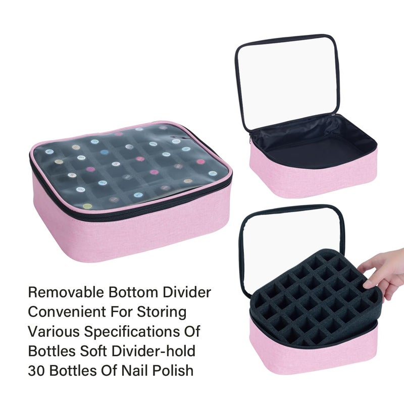 UOZL Small Clear Nail Polish Organizer Holds 30 bottles(15ml-0.5fl.oz) Nail Polish Case Multifunctional Nail Polish Bag organizer, Cosmetic Travel Makeup Cases for Women Pink - Image 5