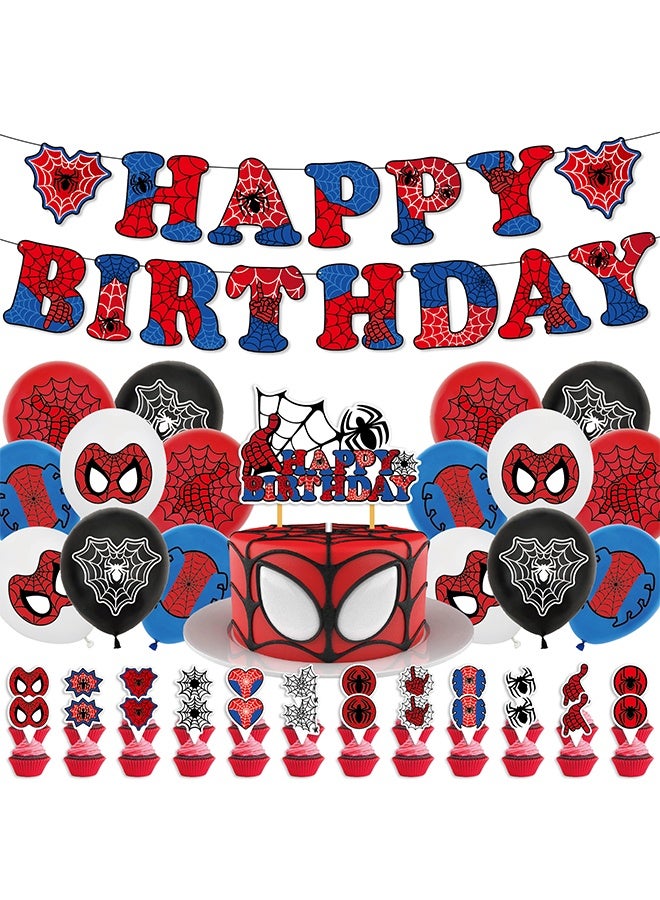 Polish'D Spidey Birthday Decorations, Party Supplies Set Include Banner, Balloons, Hanging Swirls, Cake Cupcake Toppers, Tablecloth for Boys Girls Spidey Theme Party - Image 1