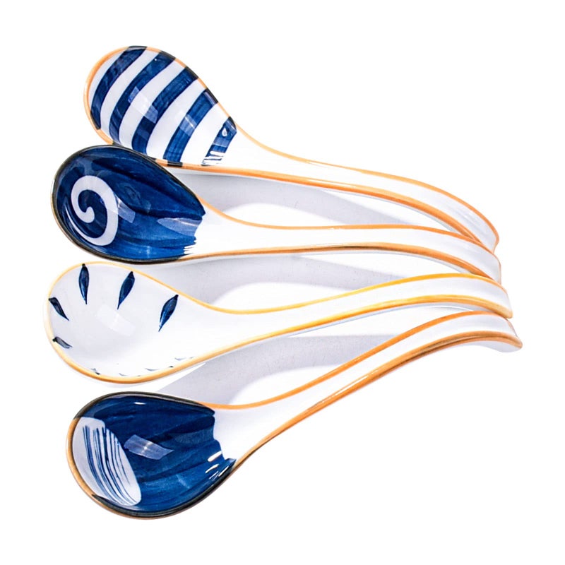 Asian Ceramic Soup Spoon Set of 4 Porcelain Long Handle Japanese Ramen Spoons for Pho Noodles Wonton Dumpling Rice