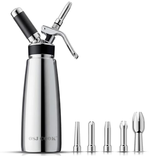 OSJ COOK OSJCOOK Whipped Cream Dispenser Stainless Steel Cream Whipper Mirror Finish,500 mL/1 Pint Professional Cream Maker,5 Various Stainless Decorating Nozzles,1 Cleaning Brush,N2O Chargers NOT included - Image 1