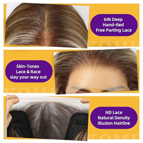 KOME Ash Blonde Highlight Synthetic Lace Front Wig136 HD Short Straight Glueless Bob Wig for White Women Daily Use 12INTT6166 - Image 3