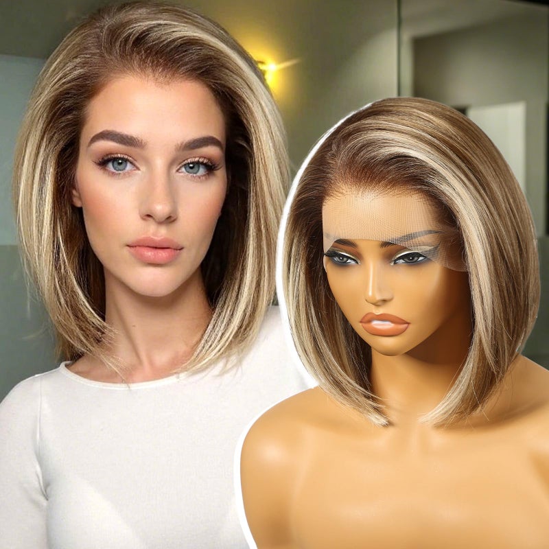 KOME Ash Blonde Highlight Synthetic Lace Front Wig136 HD Short Straight Glueless Bob Wig for White Women Daily Use 12INTT6166 - Image 2