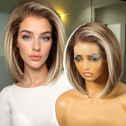 KOME Ash Blonde Highlight Synthetic Lace Front Wig136 HD Short Straight Glueless Bob Wig for White Women Daily Use 12INTT6166 - Image 1