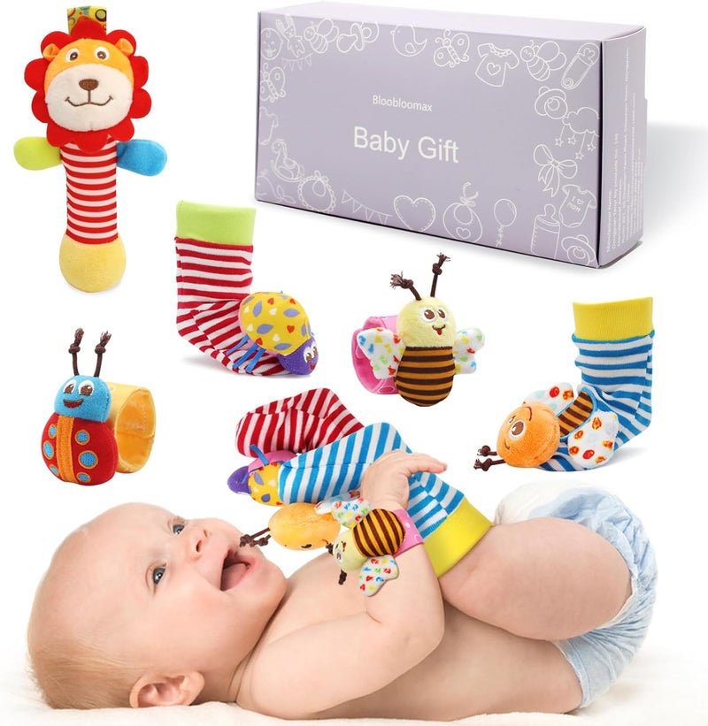 BLOOBLOOMAX Wrist Rattles Foot Finder Rattle Sock Baby Toy,Rattle Toy,Arm Hand Bracelet Rattle,Feet Leg Ankle Socks,Activity Rattle Present Gift for Newborn Infant Babies Boy Girl Bebe (5 pcs-F) - Image 2