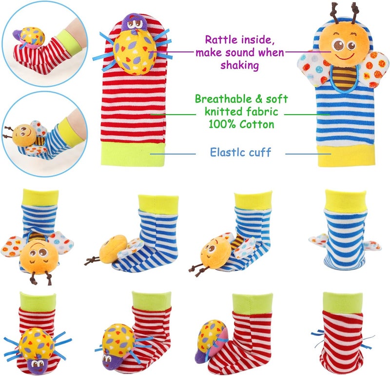 BLOOBLOOMAX Wrist Rattles Foot Finder Rattle Sock Baby Toy,Rattle Toy,Arm Hand Bracelet Rattle,Feet Leg Ankle Socks,Activity Rattle Present Gift for Newborn Infant Babies Boy Girl Bebe (5 pcs-F) - Image 3