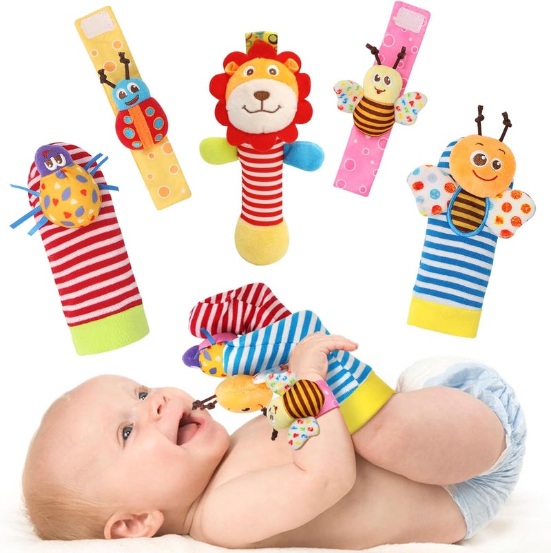 BLOOBLOOMAX Wrist Rattles Foot Finder Rattle Sock Baby Toy,Rattle Toy,Arm Hand Bracelet Rattle,Feet Leg Ankle Socks,Activity Rattle Present Gift for Newborn Infant Babies Boy Girl Bebe (5 pcs-F) - Image 1