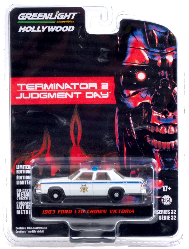 GreenLight 1983 Ford LTD Crown Victoria Police White Terminator 2: Judgment Day (1991) Movie Hollywood Series 1/64 Diecast Model Car by Greenlight 44920 D - Image 1