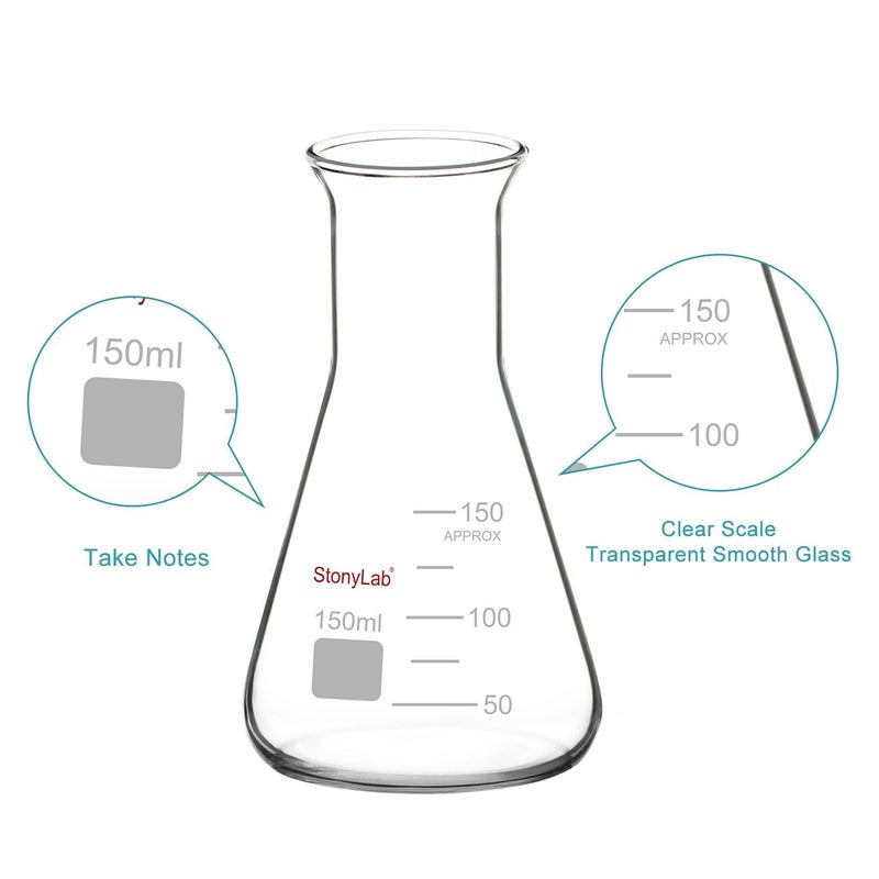 stonylab Glass Wide Mouth Erlenmeyer Flask, 150 ml Borosilicate Glass Erlenmeyer Flask with Heavy Duty Rim, 1 Pack - Image 3