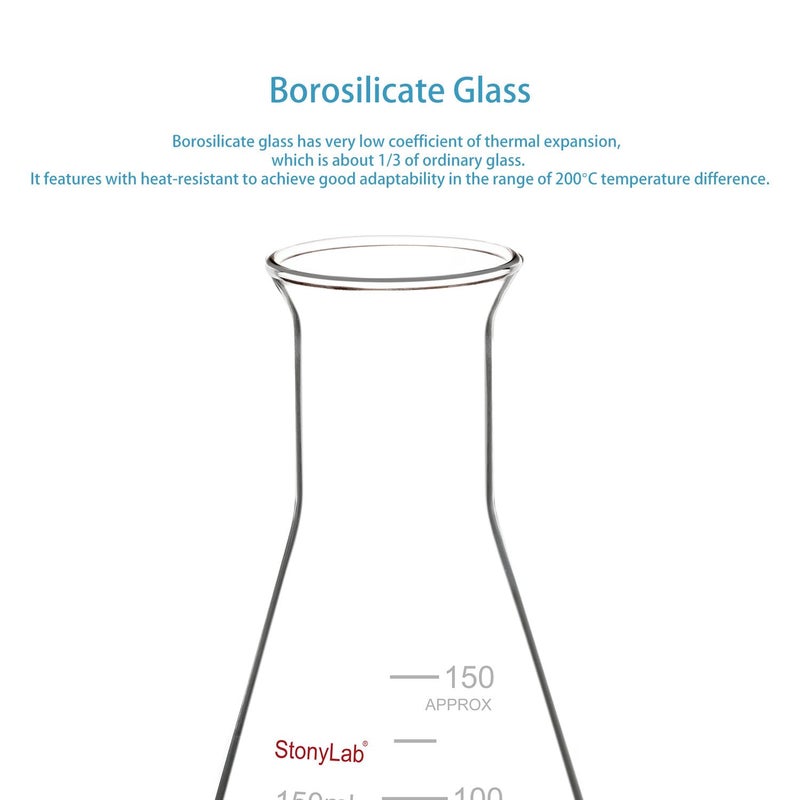 stonylab Glass Wide Mouth Erlenmeyer Flask, 150 ml Borosilicate Glass Erlenmeyer Flask with Heavy Duty Rim, 1 Pack - Image 4