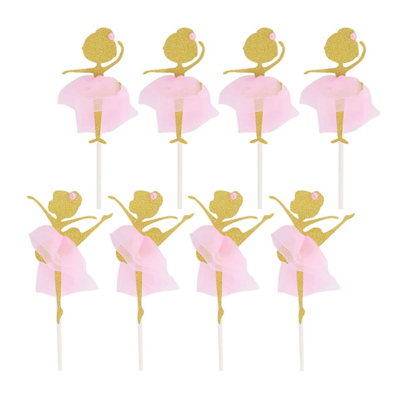 Pink Ballerina Girl Cake Toppers Set 8pcs Cupcake Picks Birthday Party Decorations - Image 2