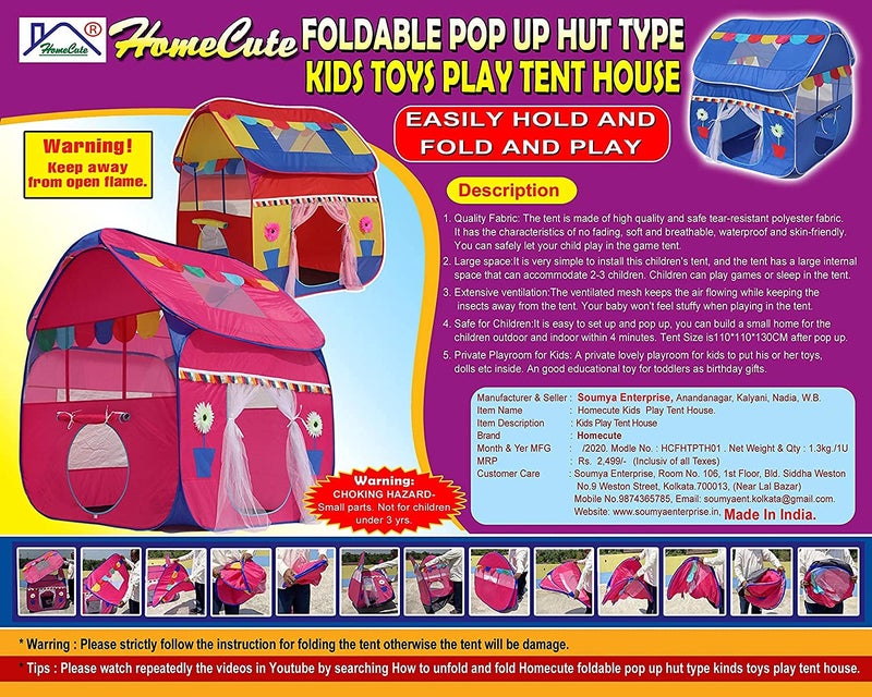 Homecute Foldable Pop Up Hut Type Kids Toys Jumbo Size Play Tent House for Boys and Girls (Big Size Blue-White) - Image 3