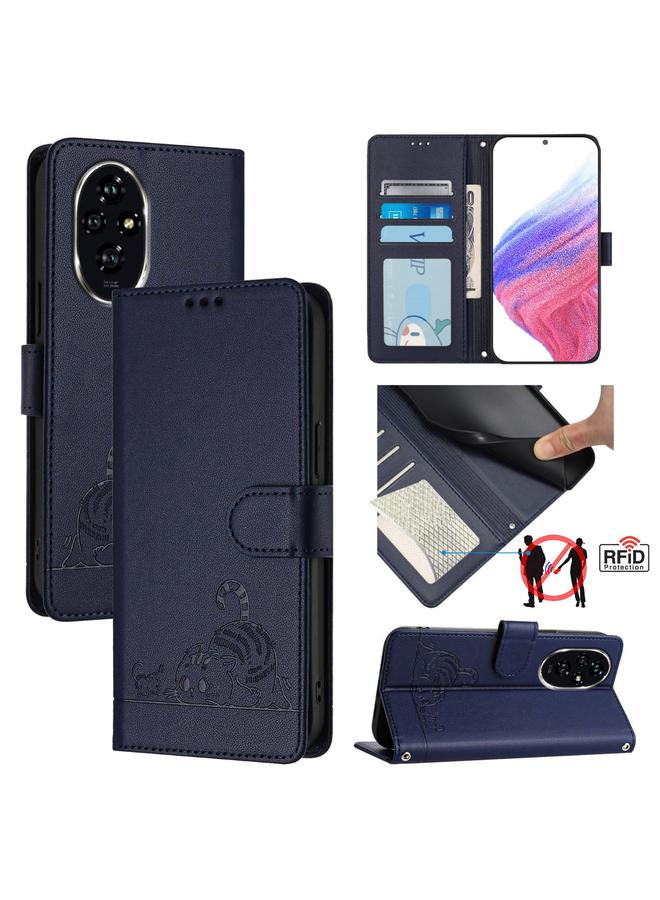 زبون جراب هاتف Honor 200 من الجلد المنقوش بنمط فأر قطة بتقنية RFID مع حبل تعليق - Image 1