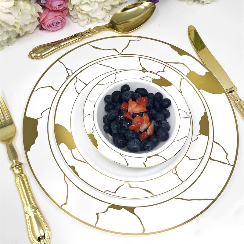 DecorLine مجموعة صحون عشاء رخامية أنيقة بيضاء وذهبية 10 قطع متينة رائعة مثالية لاستضافة الحفلات والعشاءات التي لا تُنسى - Image 4