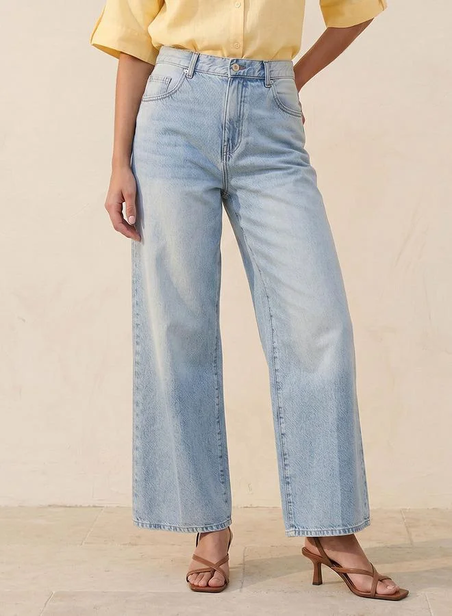 Denim Straight Fit High Waist Jeans with Pockets