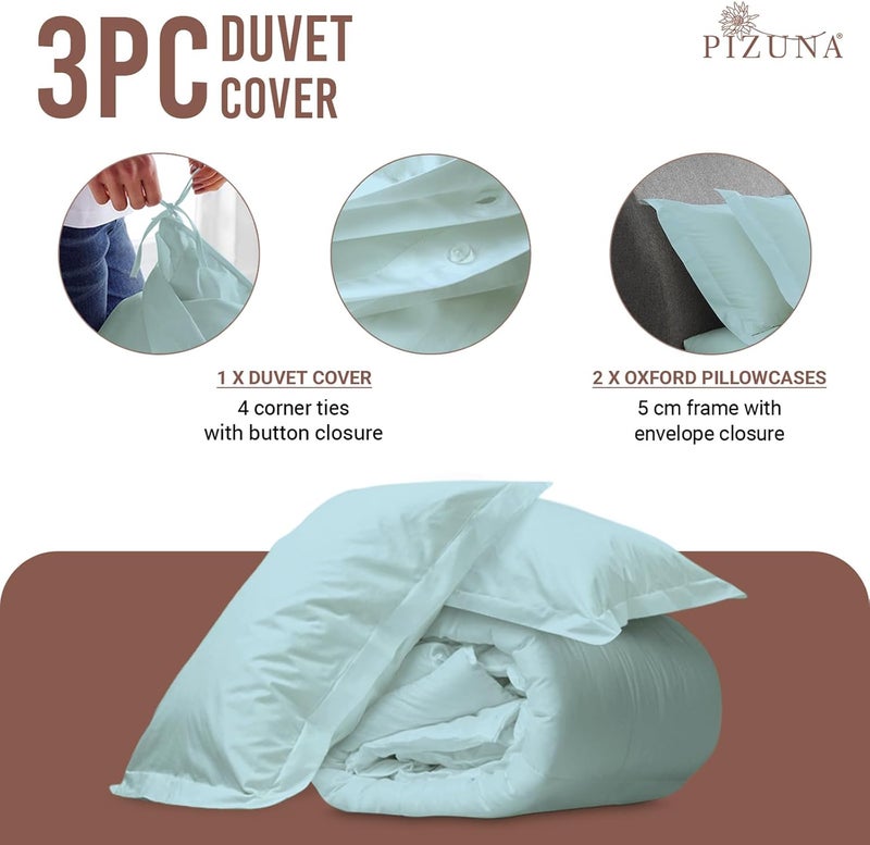 PIZUNA Shock rubber edge 100% Cotton Double Duvet Cover Size 200x200 cm Baby Blue, 400 Thread Count Long Staple Cotton Sateen Weave Duvet Cover Set with 2 Pillowcases (Baby Blue Bedding Duvet Cover Sets) Global easy assemble picks - Image 3
