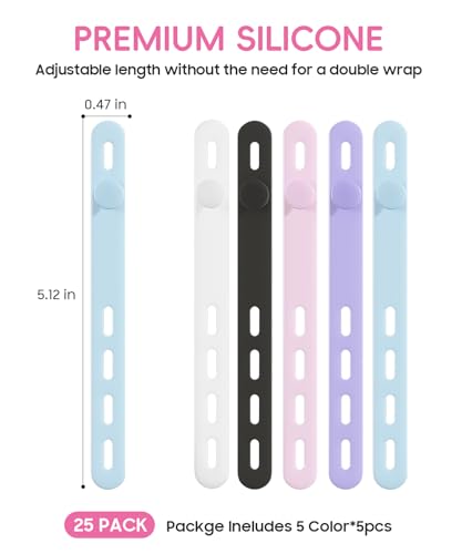 TIKIWIK 25Pack Silicone Cable Ties,Reusable Cord Organizer for Bundling Electrical Cords,Adjustable Data Cable Organizer Ties,High Elasticity Cable Straps for Home/Office/School/Travel(5 Colors) - Image 2