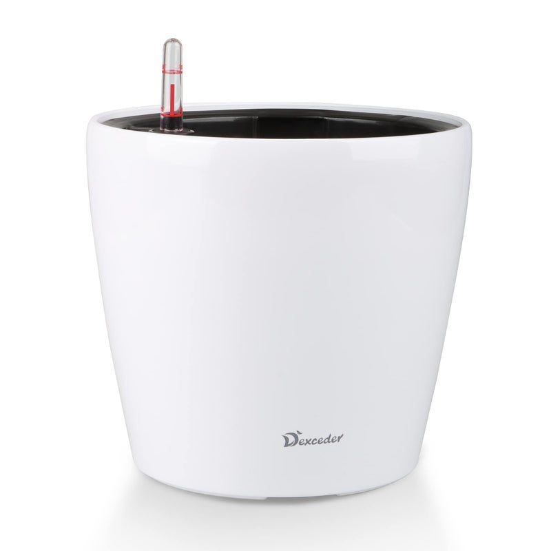 Dexceder 9x8 Inches High Gloss Self Watering Planter Indoor Outdoor, Inner Pot Design, Thickened Table Flower Plant Pot with Water Level Indicator (White) - Image 1