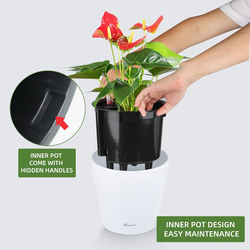 Dexceder 9x8 Inches High Gloss Self Watering Planter Indoor Outdoor, Inner Pot Design, Thickened Table Flower Plant Pot with Water Level Indicator (White) - Image 4