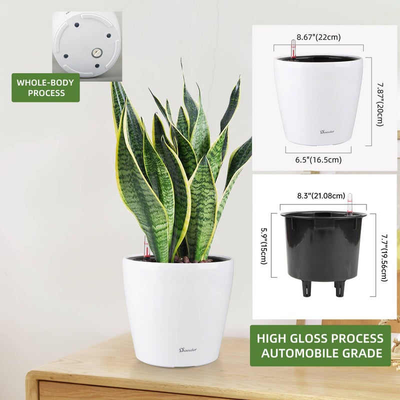 Dexceder 9x8 Inches High Gloss Self Watering Planter Indoor Outdoor, Inner Pot Design, Thickened Table Flower Plant Pot with Water Level Indicator (White) - Image 3
