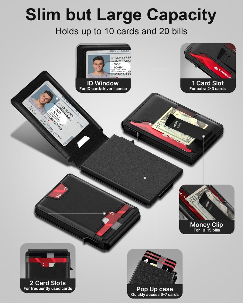 typecase Mens Wallet Card Holder: Pop Up Card Case, Genuine Leather, Smart, RFID Blocking, Slim, Minimalist, Thin, Front Pocket - 9-13 Card Capacitiy | ID Window | Money Clip (Black) - Image 2