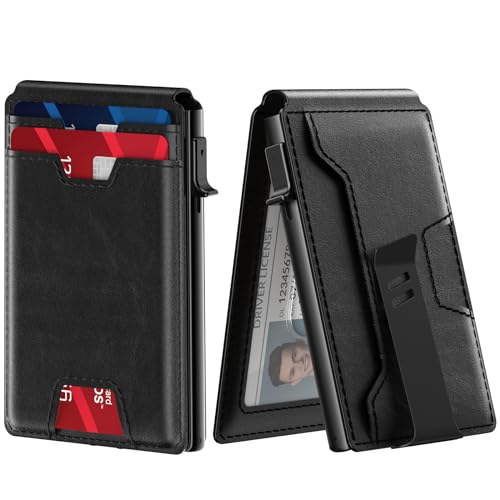 typecase Mens Wallet Card Holder: Pop Up Card Case, Genuine Leather, Smart, RFID Blocking, Slim, Minimalist, Thin, Front Pocket - 9-13 Card Capacitiy | ID Window | Money Clip (Black) - Image 1