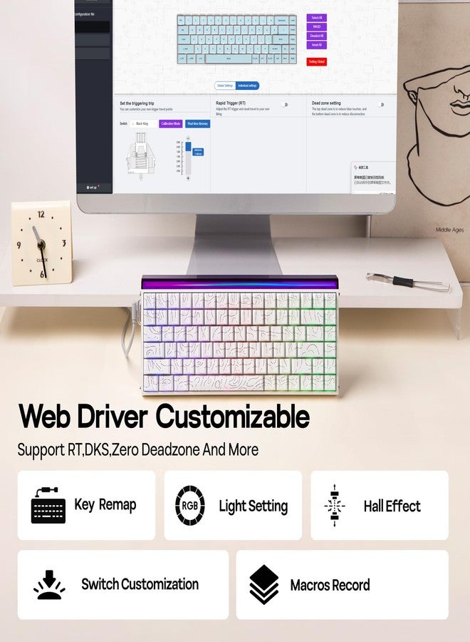 ابوماكر لوحة مفاتيح EPOMAKER Aula Hero84 HE سلكية بتقنية تأثير هول مع صندوق إضاءة RGB، وإمكانية ضبط التفعيل بمقدار 0.01 مم، ومعدل استطلاع 8 كيلو هرتز، وزمن استجابة 0.125 مللي ثانية، ومفتاح Snap، وتقنية SOCD، ولوحة مفاتيح مغناطيسية للألعاب (أبيض طوبوغرافي) - Image 5