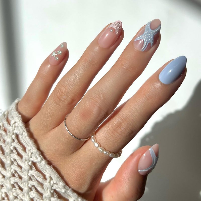 Glamnetic Press On Nails - Salty Waves | Short Almond Starfish Fake Nails with 3D Nail Art, Salon Quality Summer Nails | 15 Sizes - 30 Nail Kit with Glue - Image 1