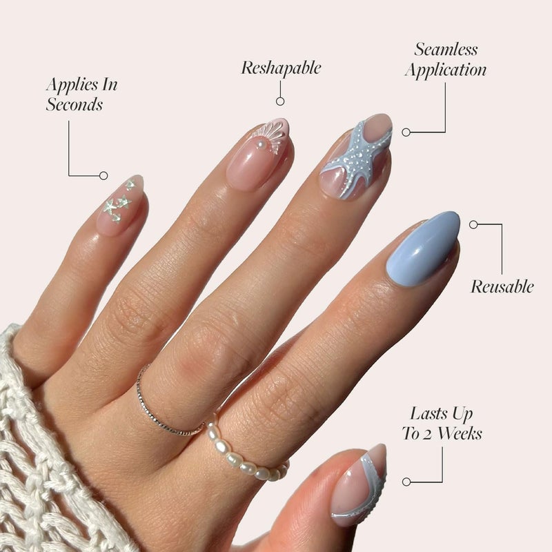 Glamnetic Press On Nails - Salty Waves | Short Almond Starfish Fake Nails with 3D Nail Art, Salon Quality Summer Nails | 15 Sizes - 30 Nail Kit with Glue - Image 3