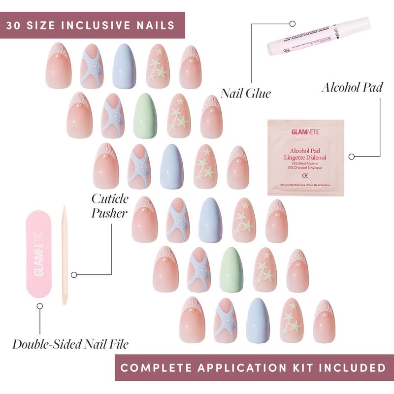 Glamnetic Press On Nails - Salty Waves | Short Almond Starfish Fake Nails with 3D Nail Art, Salon Quality Summer Nails | 15 Sizes - 30 Nail Kit with Glue - Image 4