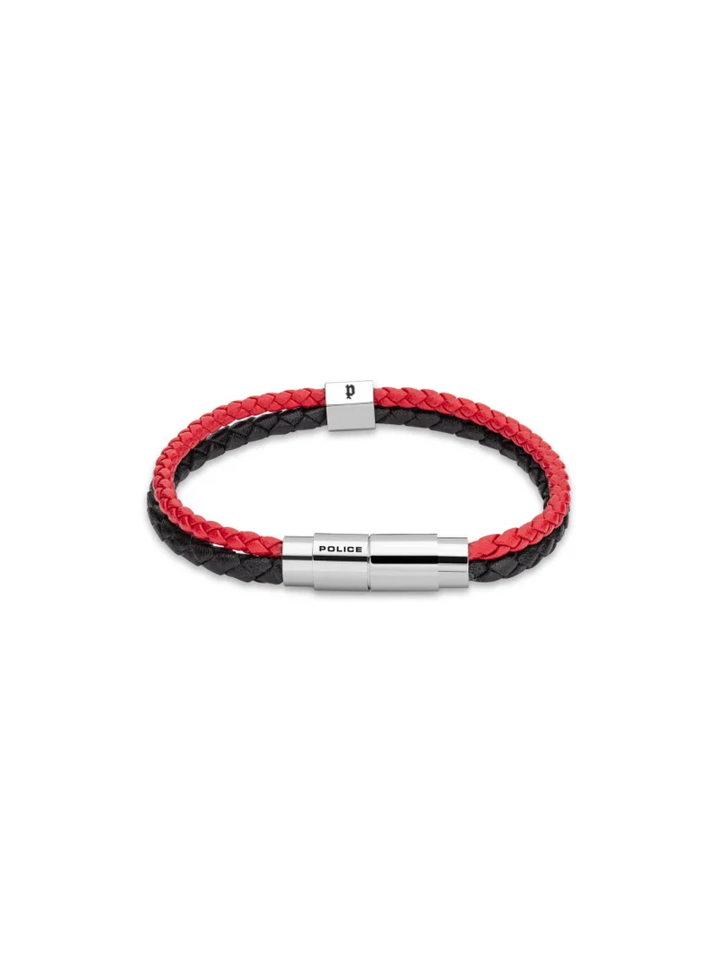 بوليس Lace Silver Stainless Steel black and Red Leather Bracelet for Men