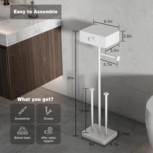 VOLDRA Toilet Paper Holder Stand with Shelf, Free Standing Toilet Paper Roll Holder with Wipes Storage Drawer Heavy Duty Floor Bathroom Tissue Holder Freestanding No Drill Tp Holder for 7 Rolls(White) - Image 5