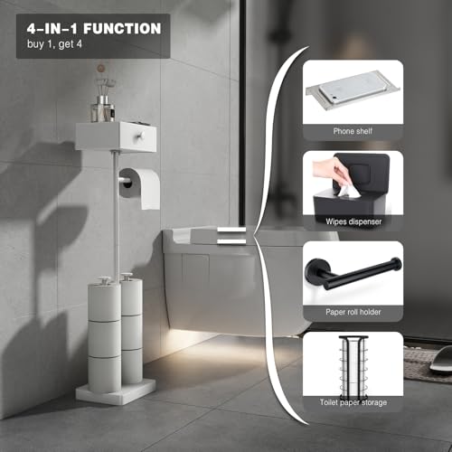 VOLDRA Toilet Paper Holder Stand with Shelf, Free Standing Toilet Paper Roll Holder with Wipes Storage Drawer Heavy Duty Floor Bathroom Tissue Holder Freestanding No Drill Tp Holder for 7 Rolls(White) - Image 3