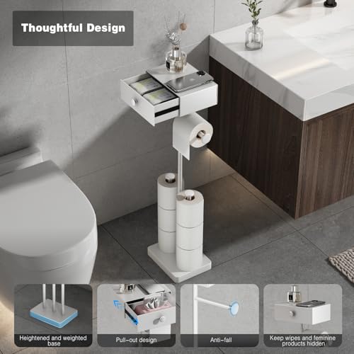 VOLDRA Toilet Paper Holder Stand with Shelf, Free Standing Toilet Paper Roll Holder with Wipes Storage Drawer Heavy Duty Floor Bathroom Tissue Holder Freestanding No Drill Tp Holder for 7 Rolls(White) - Image 2