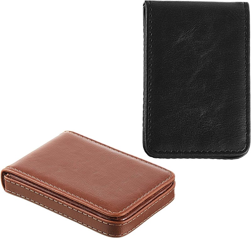 Outus 2 Pieces Business Card Holder, PU Leather Business Card Case Pocket Wallet with Magnetic Shut for Valentines Gift Men Women(Black and Light Coffee,Classic) - Image 4