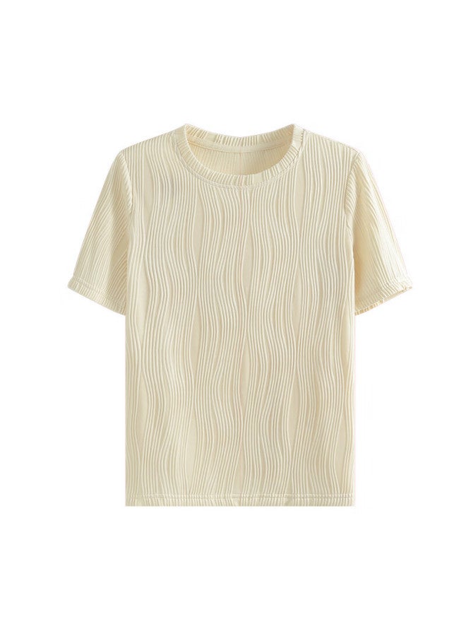 She enjoys Sheen Short Sleeve T-shirt Women Round Neck Texture Fabric Short Sleeve Top Design Sense All-match T-shirt Base Shirt Women T52t049 - Image 3