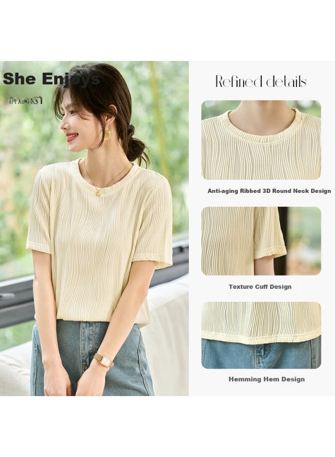 She enjoys Sheen Short Sleeve T-shirt Women Round Neck Texture Fabric Short Sleeve Top Design Sense All-match T-shirt Base Shirt Women T52t049 - Image 1
