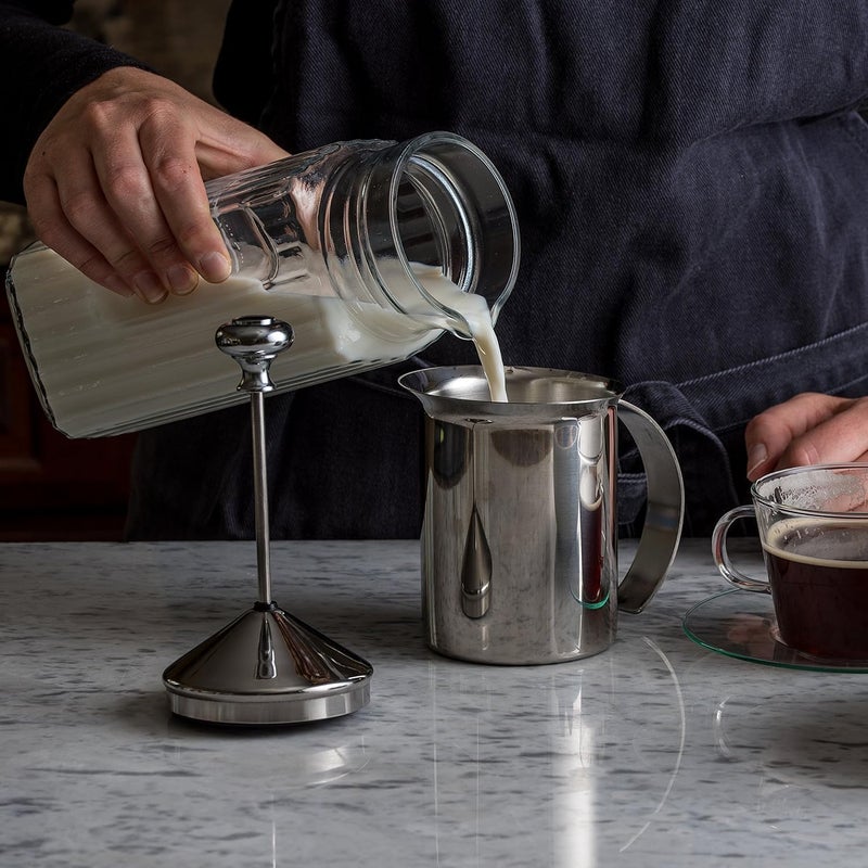 GLNRM Stainless Steel Milk Frother Manual Milk Creamer Hand Pump Frother Cappuccino Latte Coffee Foam Pitcher with Handle Lid Double Layer Filter Screen Warm Cold Milk Foamer 400ml - Image 4