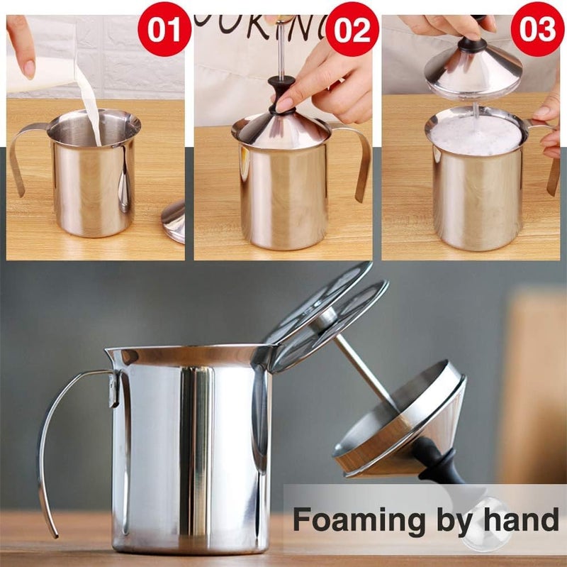 GLNRM Stainless Steel Milk Frother Manual Milk Creamer Hand Pump Frother Cappuccino Latte Coffee Foam Pitcher with Handle Lid Double Layer Filter Screen Warm Cold Milk Foamer 400ml - Image 5