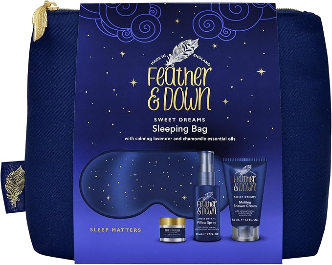 FEATHER DOWN SLEEPING BAG GIFT SET LUXURY EYE MASK SLEEP BALM PILLOW SPRAY AND SHOWER CREAM WITH CALMING LAVENDER CHAMOMILE ESSENTIAL OILS VEGAN FRIENDLY CRUELTY FREE