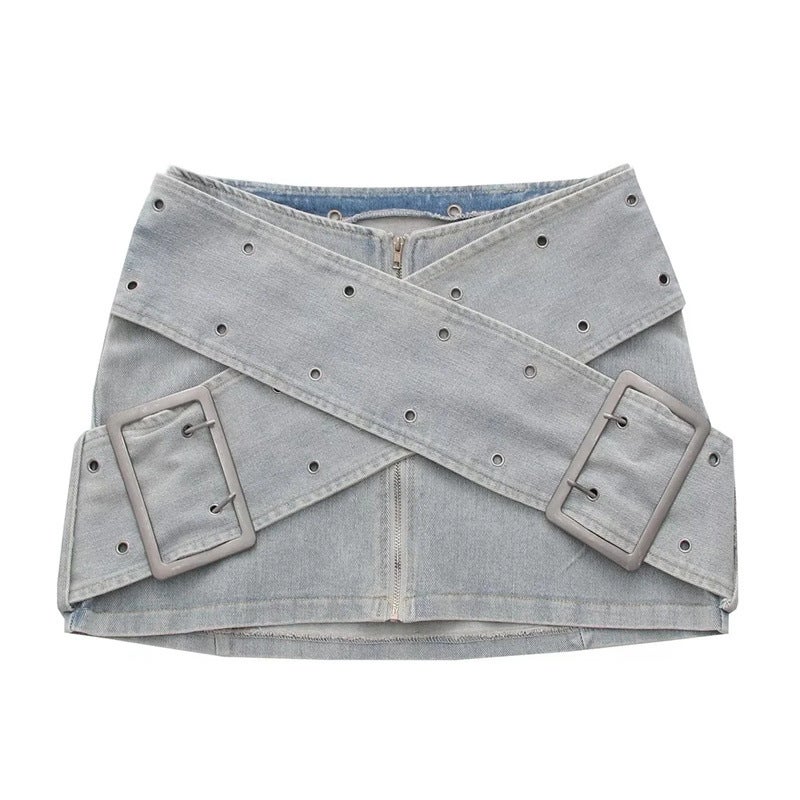 Sweet cool style zipper buckle design skirt personality trendy hot girl short skirt elegant high waist A- line skirt for women Denim Blue 