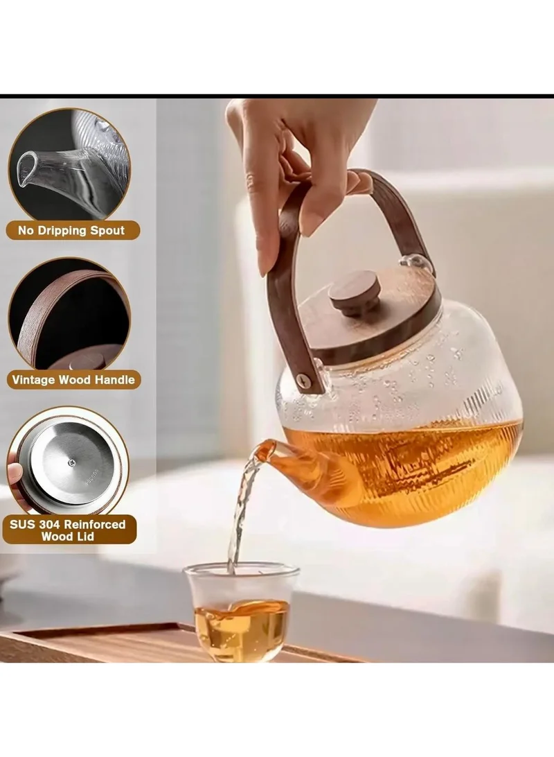 كويزيرا Premium Afternoon tea time glass teapot with 6 glasses and wooden tray
