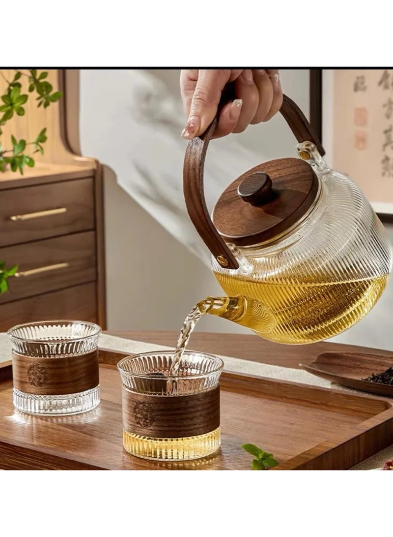 Quesera  Premium Afternoon tea time glass teapot with 6 glasses and wooden tray  | Best Price UAE