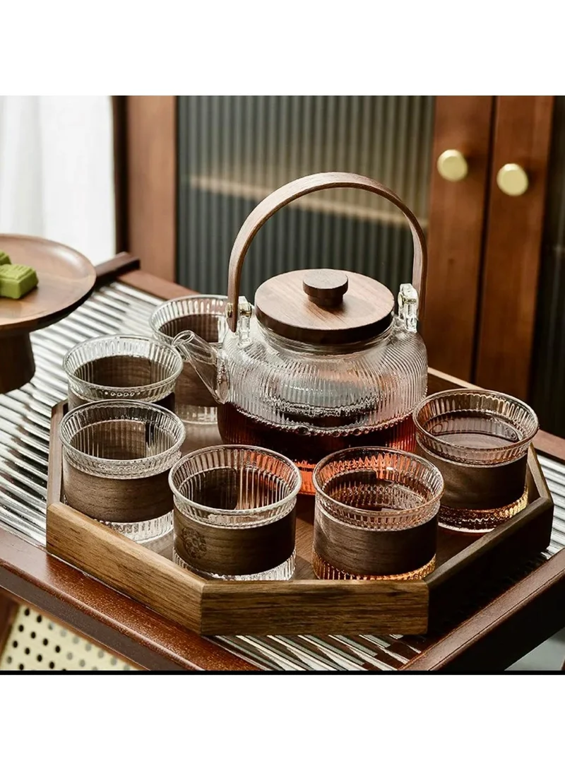 Quesera  Premium Afternoon tea time glass teapot with 6 glasses and wooden tray  | Best Price UAE