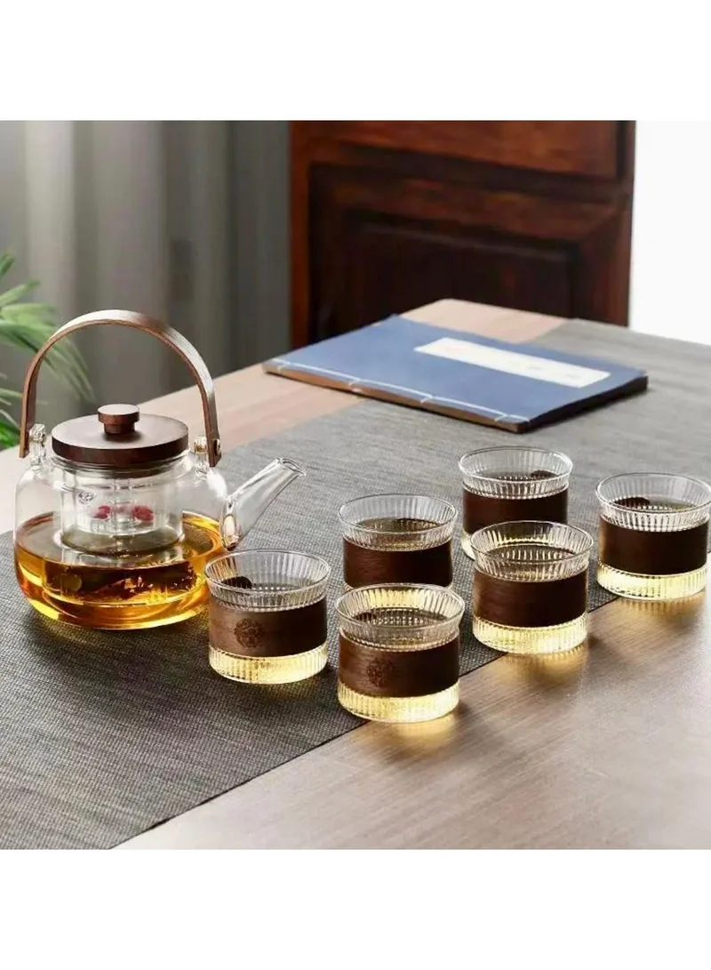 Quesera  Premium Afternoon tea time glass teapot with 6 glasses and wooden tray  | Best Price UAE